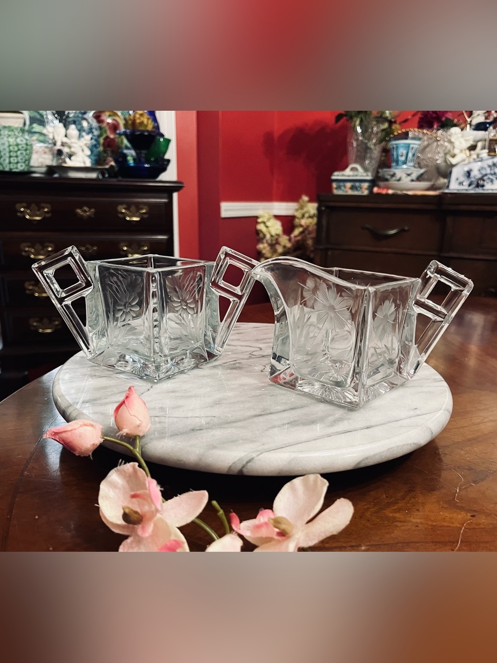VTG Heisey Glass Crystal Clear Quator Sugar & Creamer #355 Etch Elegant Glass